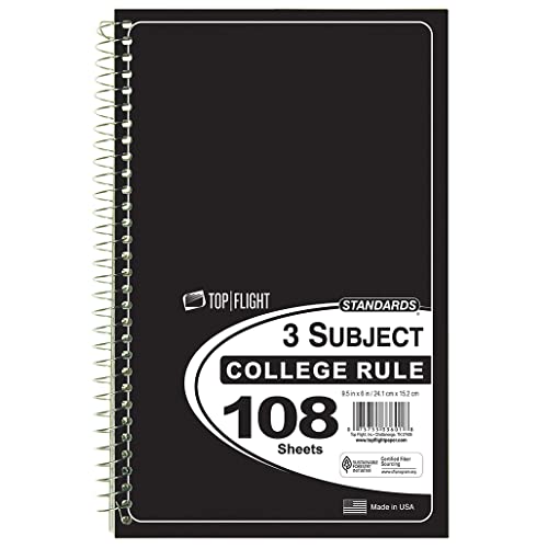 Top Flight Standards 3-Subject Wirebound Notebook, 108 Sheets, College Rule, 9.5 x 6 Inches, 1 Notebook, Cover Color May Vary (33601) - Image 1