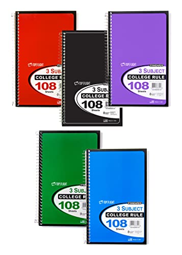Top Flight Standards 3-Subject Wirebound Notebook, 108 Sheets, College Rule, 9.5 x 6 Inches, 1 Notebook, Cover Color May Vary (33601) - Image 3