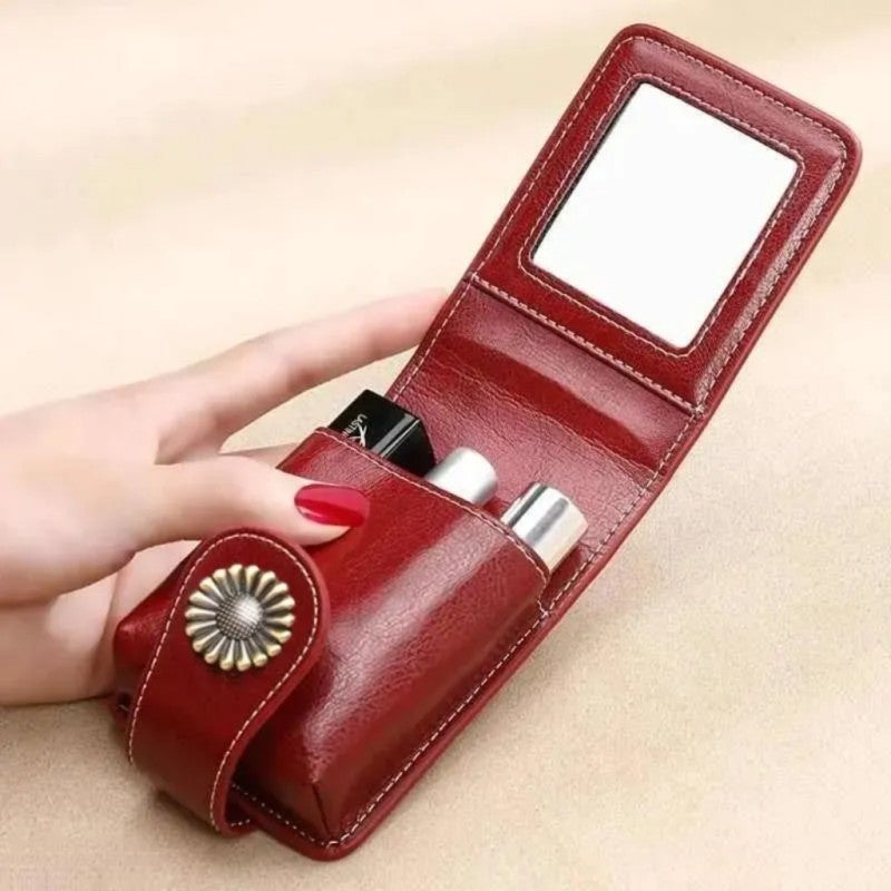 Compact Cosmetic Bag: Brown Stylish Portable Beauty Organizer With Integrated Mirror - Trendy Mini Clutch for On-the-Go Women - Image 5