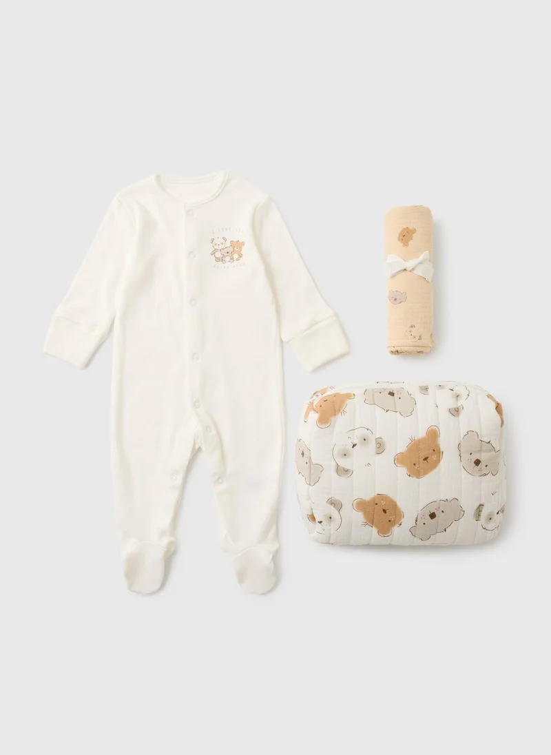 Matalan 3 Piece Baby White Bear Sleepsuit Gift Set
