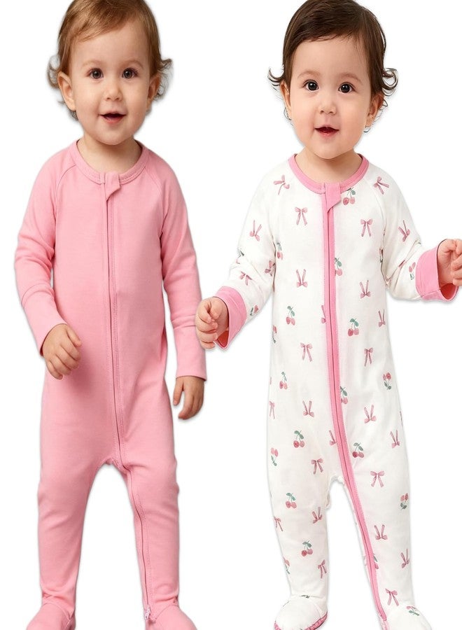Aablexema Baby Footed Pajamas with Mittens Rayon from Bamboo 2pcs Newborn Infant 2-way Zipper Pjs Cute Sleeper Outfit(Pink Cherry Bow, 12-18m) - Image 5