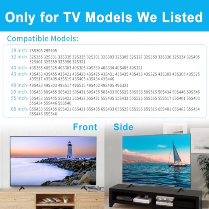 أرجل تلفزيون بقاعدة حامل تلفزيون متوافقة مع TCL 28 32 40 43 49 50 55 65 بوصة 4K UHD HDR Roku تلفزيون ذكي، أرجل حامل تلفزيون لتلفزيون TCL موديل 28S305، 32S330، 40S330، 43S423، 43S425، 49S321، 50S425، 55S423، 65S453 - Image 2