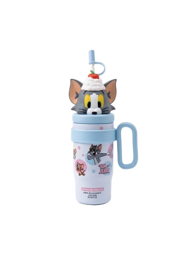 Kids Tumbler with Handle & Straw, Cute Cartoon Cat Design, Reusable Drinking Bottle for Boys & Girls, School & Travel