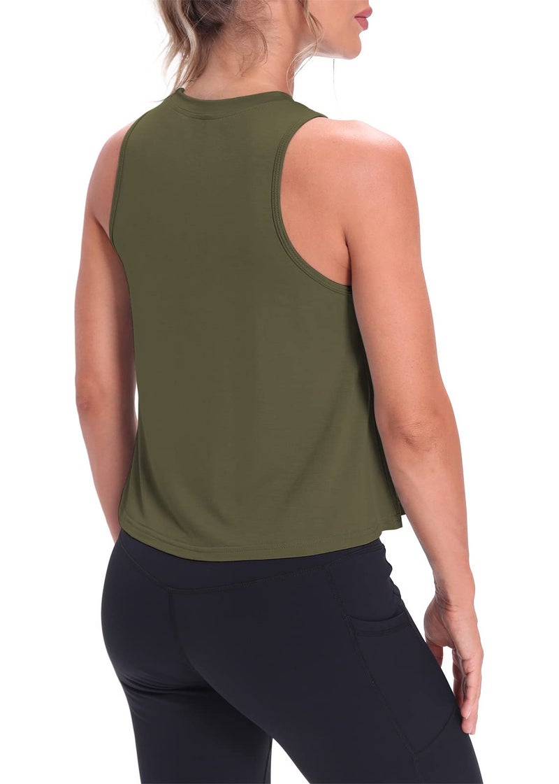 Mippo Workout Tops for Women High Neck Tank Cropped Workout Top Womens Muscle Tank Athletic T Shirts Crop Tees Army Green S - Image 3