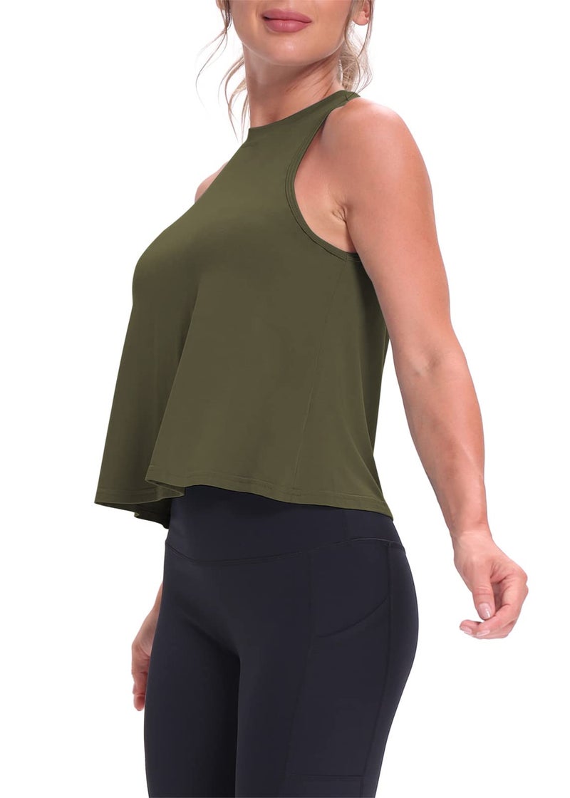 Mippo Workout Tops for Women High Neck Tank Cropped Workout Top Womens Muscle Tank Athletic T Shirts Crop Tees Army Green S - Image 4