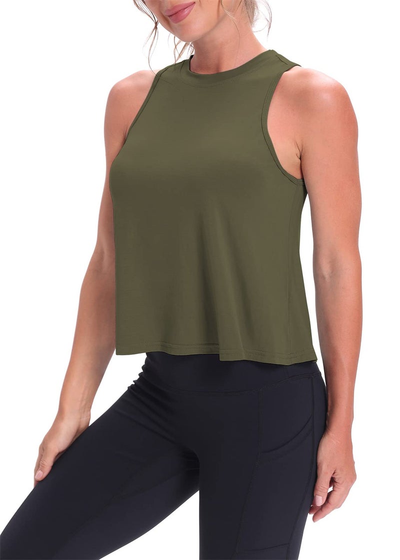 Mippo Workout Tops for Women High Neck Tank Cropped Workout Top Womens Muscle Tank Athletic T Shirts Crop Tees Army Green S - Image 5