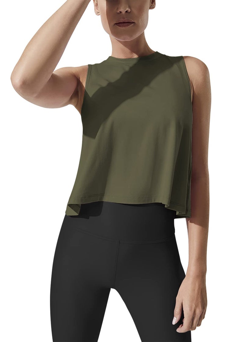 Mippo Workout Tops for Women High Neck Tank Cropped Workout Top Womens Muscle Tank Athletic T Shirts Crop Tees Army Green S - Image 1