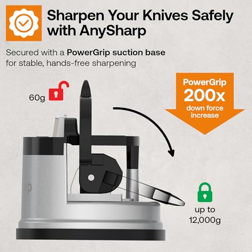 AnySharp – GLOBAL – Hands Free Knife Sharpener - Easy to Use Sharpening Tool with PowerGrip Suction Base and 20-Degree Pre-set Angle - For All Knives: Chef’s, Serrated, and Hardened Steel - Silver - Image 4