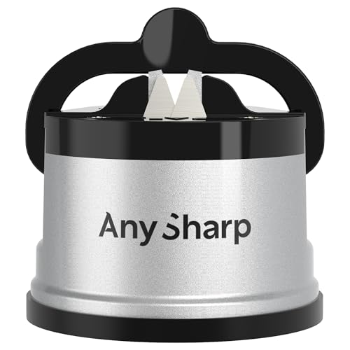 AnySharp – GLOBAL – Hands Free Knife Sharpener - Easy to Use Sharpening Tool with PowerGrip Suction Base and 20-Degree Pre-set Angle - For All Knives: Chef’s, Serrated, and Hardened Steel - Silver - Image 1