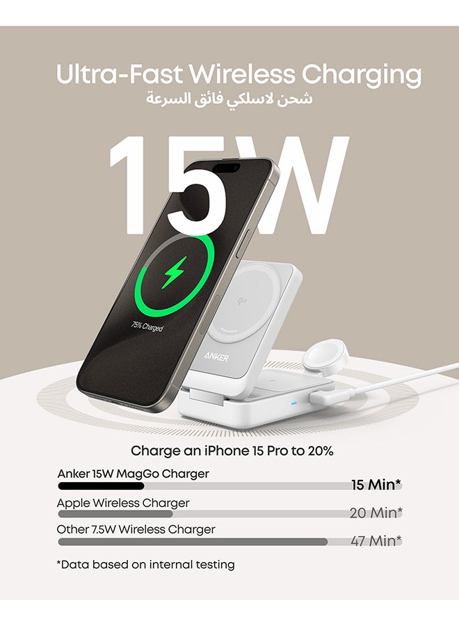 محطة شحن لاسلكية 3 في 1 من MagGo، متوافقة مع شاحن MagSafe، حامل لاسلكي معتمد من Qi2 بقوة 15 وات، شاحن Apple Watch لشاحن MagSafe، لهاتف iPhone 15، وAirPods (شاحن USB C بقوة 40 وات متضمن) - Image 3