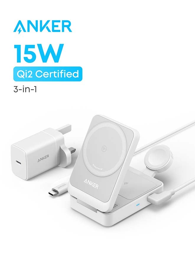 محطة شحن لاسلكية 3 في 1 من MagGo، متوافقة مع شاحن MagSafe، حامل لاسلكي معتمد من Qi2 بقوة 15 وات، شاحن Apple Watch لشاحن MagSafe، لهاتف iPhone 15، وAirPods (شاحن USB C بقوة 40 وات متضمن) - Image 1