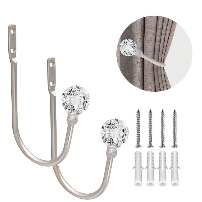 Curtain Drapery Holdback Decorative Drapery Tieback Hooks with Crystal Ball U Shaped Curtain Holders Wall Mounted Curtain Holdback Heavy Duty Window Treatment Holdbacks for Home Decor 1 Pair Silve