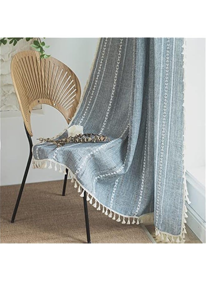 Finished American retro French cotton and linen semi-blackout curtains Chinese style light-transmitting and non-transparent bedroom living room balcony rod-cross blue-tassel curtain 220x140cm - Image 1