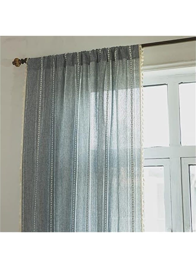 Finished American retro French cotton and linen semi-blackout curtains Chinese style light-transmitting and non-transparent bedroom living room balcony rod-cross blue-tassel curtain 220x140cm - Image 2