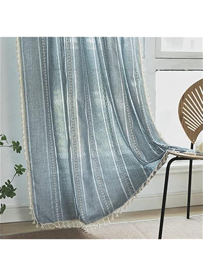 Finished American retro French cotton and linen semi-blackout curtains Chinese style light-transmitting and non-transparent bedroom living room balcony rod-cross blue-tassel curtain 220x140cm - Image 3