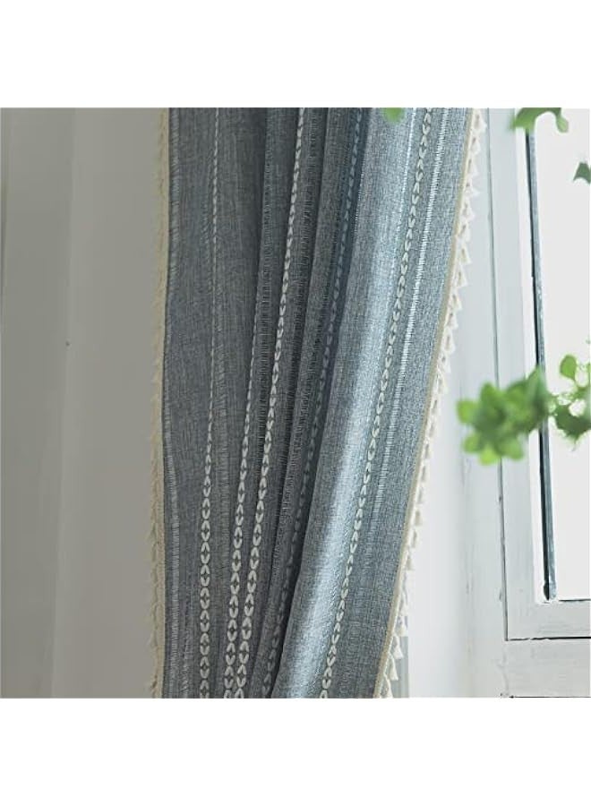 Finished American retro French cotton and linen semi-blackout curtains Chinese style light-transmitting and non-transparent bedroom living room balcony rod-cross blue-tassel curtain 220x140cm - Image 5