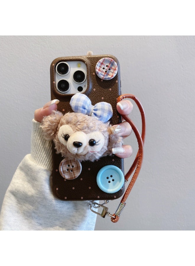 NIBEMINENT Plush Filipino New Protective TPU Case Cover For iPhone 15 Pro, Brown With Plush Duffy Bear Button With Leather Lanyard