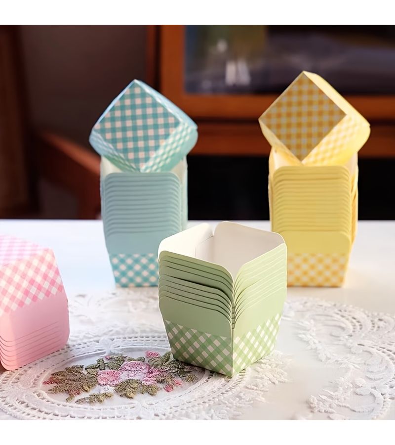 25pcs Blue Square Checkered Disposable Baking Cups for Home Bakery Wedding Parties - Image 3