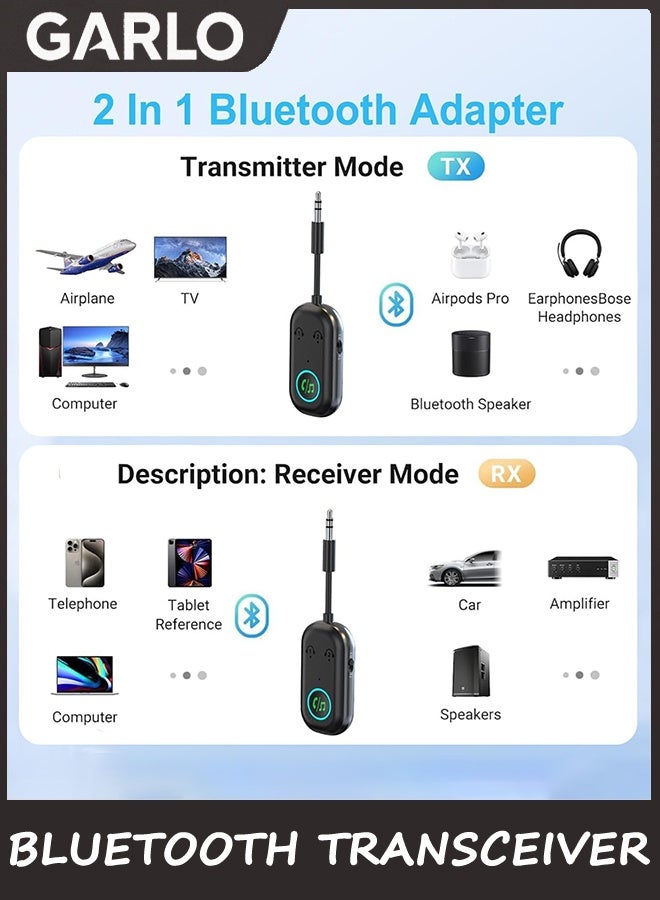 جارلو بلوتوث 5.3 جهاز استقبال الإرسال لـ 2 AirPods أو أجهزة BT ، جهاز إرسال لاسلكي بلوتوث لسماعات الرأس ، محول جاك الصوت Aux 3.5 ملم لنظام ستيريو منزلي للسيارة في التلفزيون أثناء الطيران - Image 2