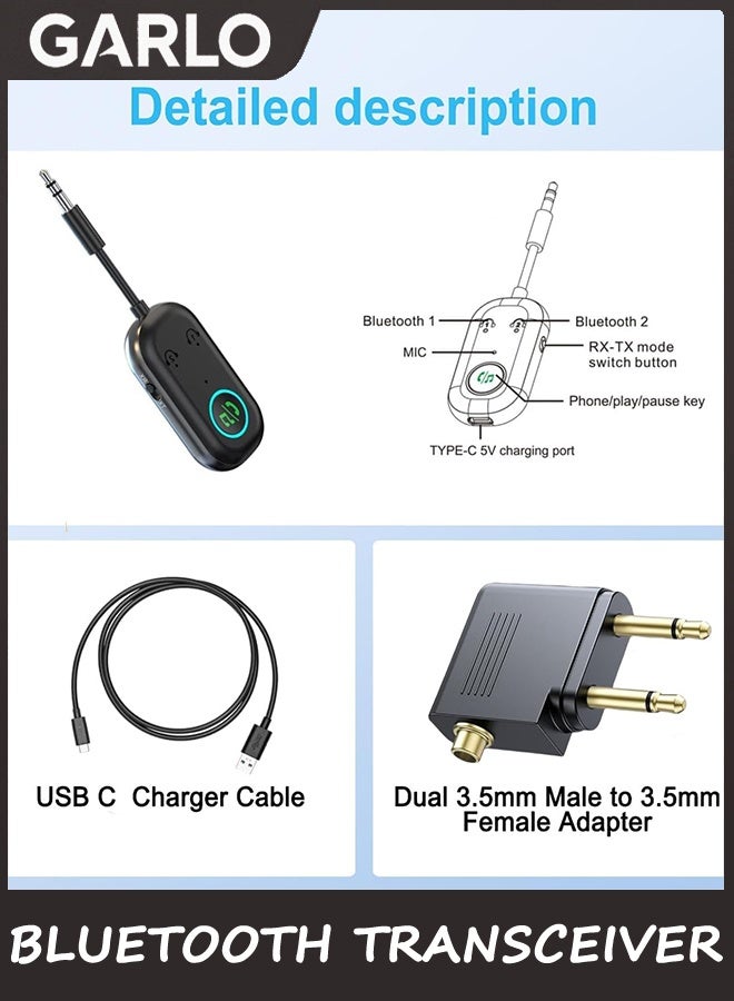 جارلو بلوتوث 5.3 جهاز استقبال الإرسال لـ 2 AirPods أو أجهزة BT ، جهاز إرسال لاسلكي بلوتوث لسماعات الرأس ، محول جاك الصوت Aux 3.5 ملم لنظام ستيريو منزلي للسيارة في التلفزيون أثناء الطيران - Image 3