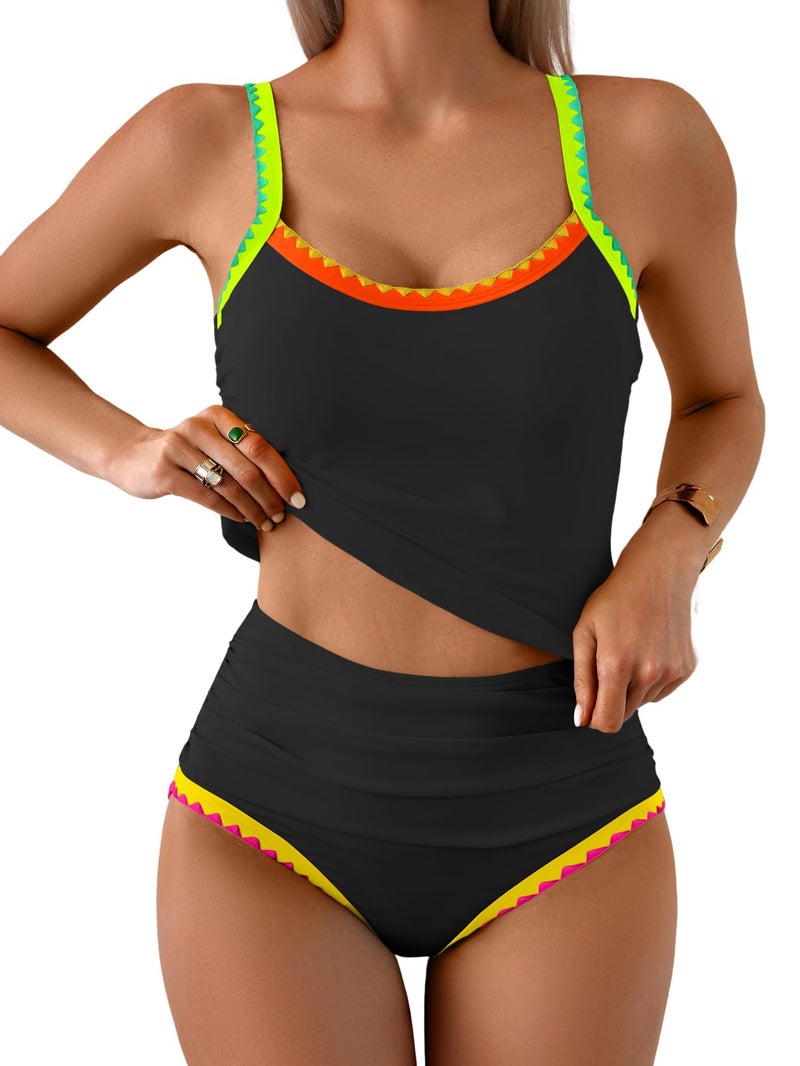 Eomenie Tankini Swimsuit for Women Tummy Control Ruched Two Piece Bathing Suits High Waisted Shell Stitch Swimwear - Image 1