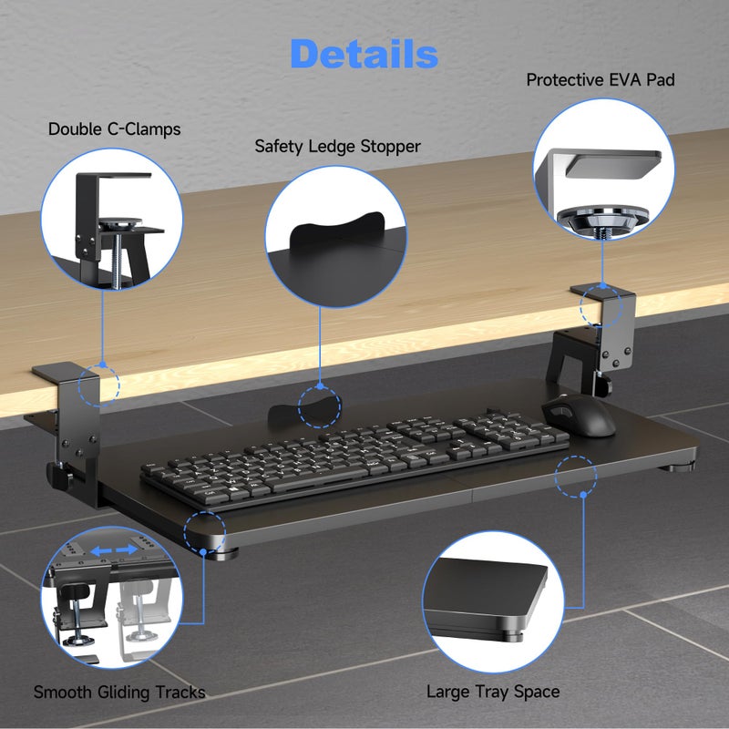 XINLEI Keyboard Tray Under Desk Large C-Clamp 25.6â€ (30â€ Including Clamps) x 11.8â€ Slide-Out Platform Computer Drawer Pull Out Keyboard & Mouse Tray Black DSF4 - Image 4
