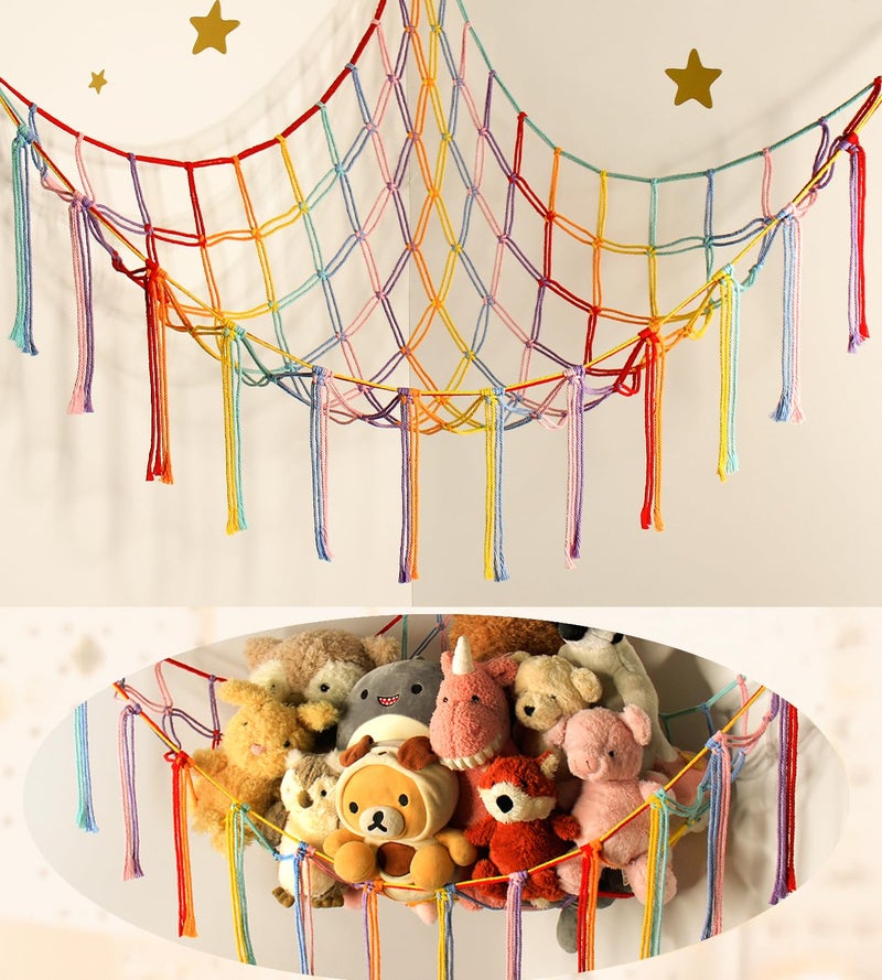 mirolam Stuffed Animal Hammock Corner Storage Net Cute Preppy Trendy Stuff Gifts for Teen Girls Baby Room Living Room House Wall Nursery Decor Rainbow Color Colorful Unicorn Hanging Organizers Organization - Image 1