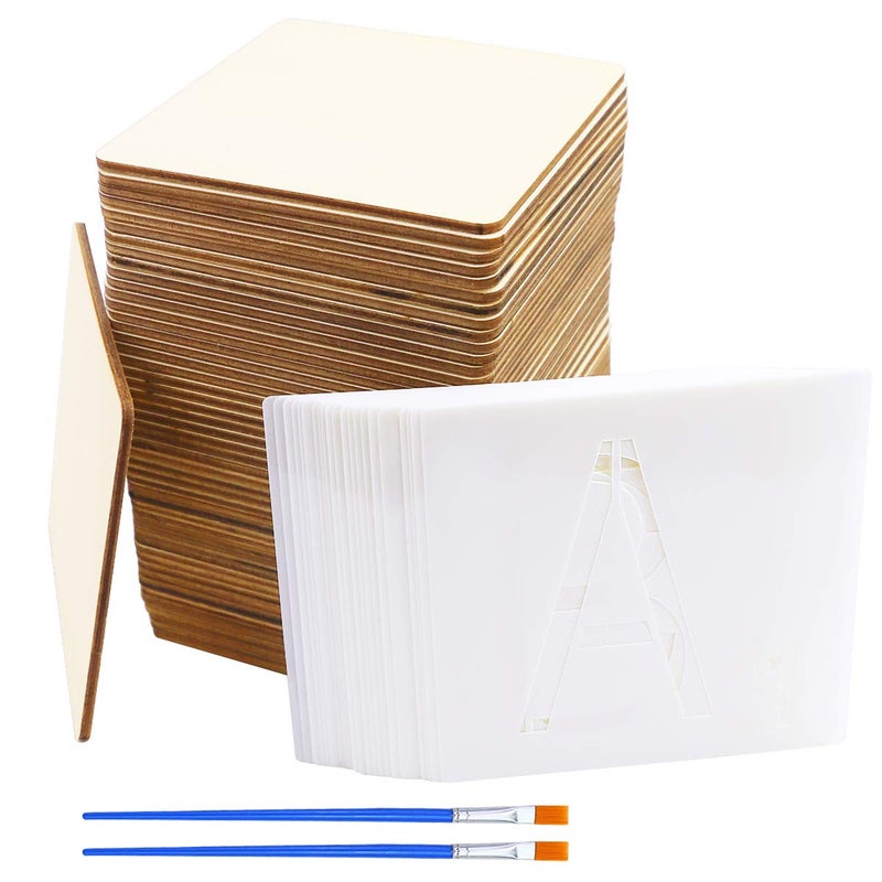 SKPPC 50 Unfinished Blank Wood Pieces 4 Inch With 26 Letters Stencils for Wall Decor Home Decoration DIY Craft Projects