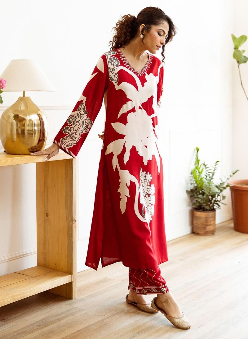 ISHIN Women's Red Rayon Embellished Tunic Full Length Palazzo Straight Fit Kurta Set  - Image 1