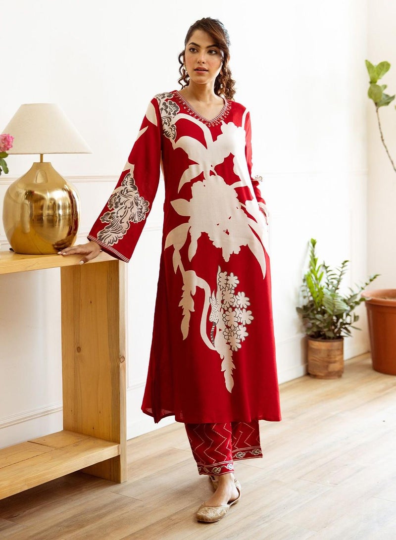 ISHIN Women's Red Rayon Embellished Tunic Full Length Palazzo Straight Fit Kurta Set  - Image 2
