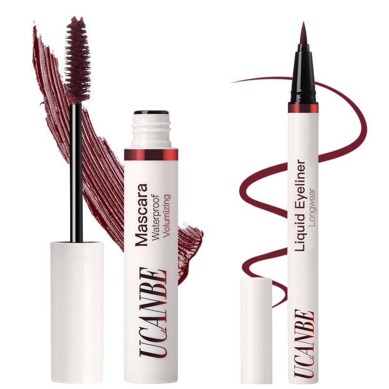 UCANBE Burgundy Mascara and Liquid Eyeliner Set, Waterproof Berry Red Colored Eye Makeup Duo - Enhance Your Gaze with Natural Lasting Lift & Curl for Lashes and Pigmented Smudge-Proof Eye Liner - Image 1