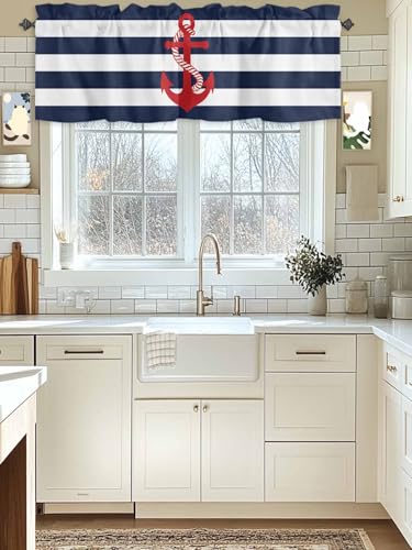 Chucoco Nautical Valance Curtain for Window, Red Anchor Rod Pocket Kitchen Valances Navy Blue White Stripe Short Curtain Panel Windows Treatment Drapes for Bathroom/Bedroom/Living Room - Image 3