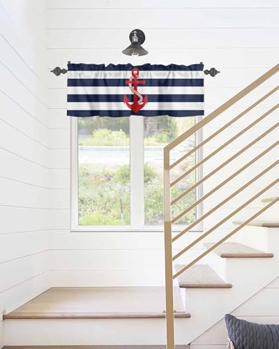 Chucoco Nautical Valance Curtain for Window, Red Anchor Rod Pocket Kitchen Valances Navy Blue White Stripe Short Curtain Panel Windows Treatment Drapes for Bathroom/Bedroom/Living Room - Image 5