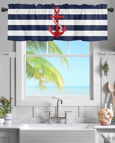 Chucoco Nautical Valance Curtain for Window, Red Anchor Rod Pocket Kitchen Valances Navy Blue White Stripe Short Curtain Panel Windows Treatment Drapes for Bathroom/Bedroom/Living Room - Image 1