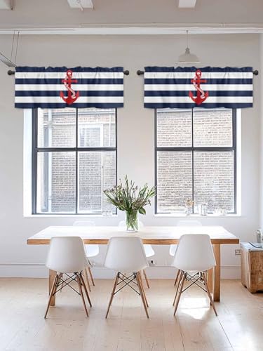 Chucoco Nautical Valance Curtain for Window, Red Anchor Rod Pocket Kitchen Valances Navy Blue White Stripe Short Curtain Panel Windows Treatment Drapes for Bathroom/Bedroom/Living Room - Image 4