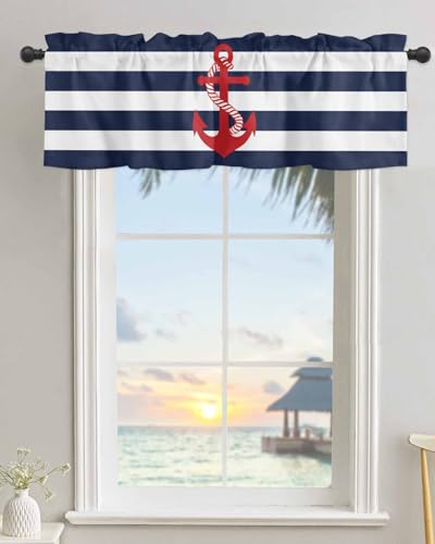 Chucoco Nautical Valance Curtain for Window, Red Anchor Rod Pocket Kitchen Valances Navy Blue White Stripe Short Curtain Panel Windows Treatment Drapes for Bathroom/Bedroom/Living Room - Image 2