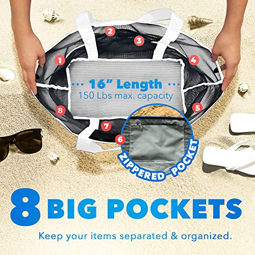 Dejaroo - Sand Free Mesh Bag - Strong Lightweight Tote For Beach & Vacation Essentials. Tons of Storage with 8 Pockets, Foldable, 17x9x15 inches, Black with White Straps - Image 3