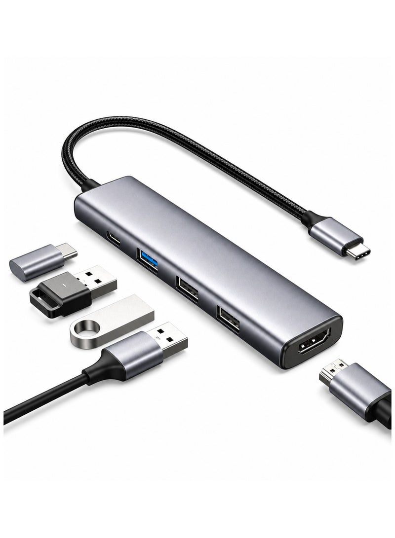 موزع USB-C متعدد المنافذ 5 في 1 مع مخرج HDMI بدقة 4K، ومنفذي USB 2.0، وشحن سريع بقوة 100 واط - موزع توصيل من النوع C صغير الحجم مصنوع من الألومنيوم لأجهزة الكمبيوتر المحمولة، وأجهزة MacBook، والأجهزة اللوحية، والهواتف الذكية، وأجهزة الألعاب، والمكاتب - Image 1