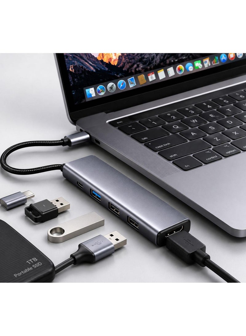 موزع USB-C متعدد المنافذ 5 في 1 مع مخرج HDMI بدقة 4K، ومنفذي USB 2.0، وشحن سريع بقوة 100 واط - موزع توصيل من النوع C صغير الحجم مصنوع من الألومنيوم لأجهزة الكمبيوتر المحمولة، وأجهزة MacBook، والأجهزة اللوحية، والهواتف الذكية، وأجهزة الألعاب، والمكاتب - Image 2