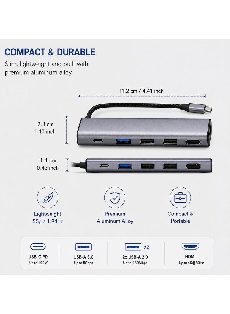 موزع USB-C متعدد المنافذ 5 في 1 مع مخرج HDMI بدقة 4K، ومنفذي USB 2.0، وشحن سريع بقوة 100 واط - موزع توصيل من النوع C صغير الحجم مصنوع من الألومنيوم لأجهزة الكمبيوتر المحمولة، وأجهزة MacBook، والأجهزة اللوحية، والهواتف الذكية، وأجهزة الألعاب، والمكاتب - Image 4
