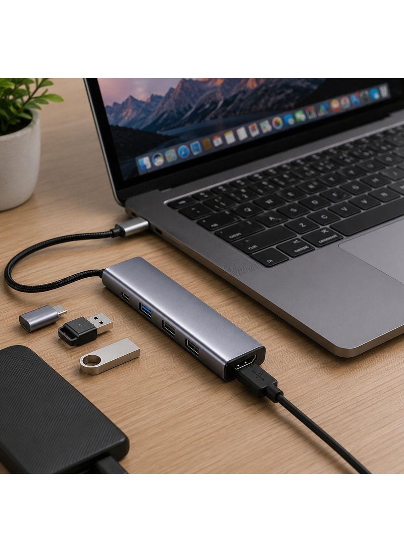 موزع USB-C متعدد المنافذ 5 في 1 مع مخرج HDMI بدقة 4K، ومنفذي USB 2.0، وشحن سريع بقوة 100 واط - موزع توصيل من النوع C صغير الحجم مصنوع من الألومنيوم لأجهزة الكمبيوتر المحمولة، وأجهزة MacBook، والأجهزة اللوحية، والهواتف الذكية، وأجهزة الألعاب، والمكاتب - Image 5
