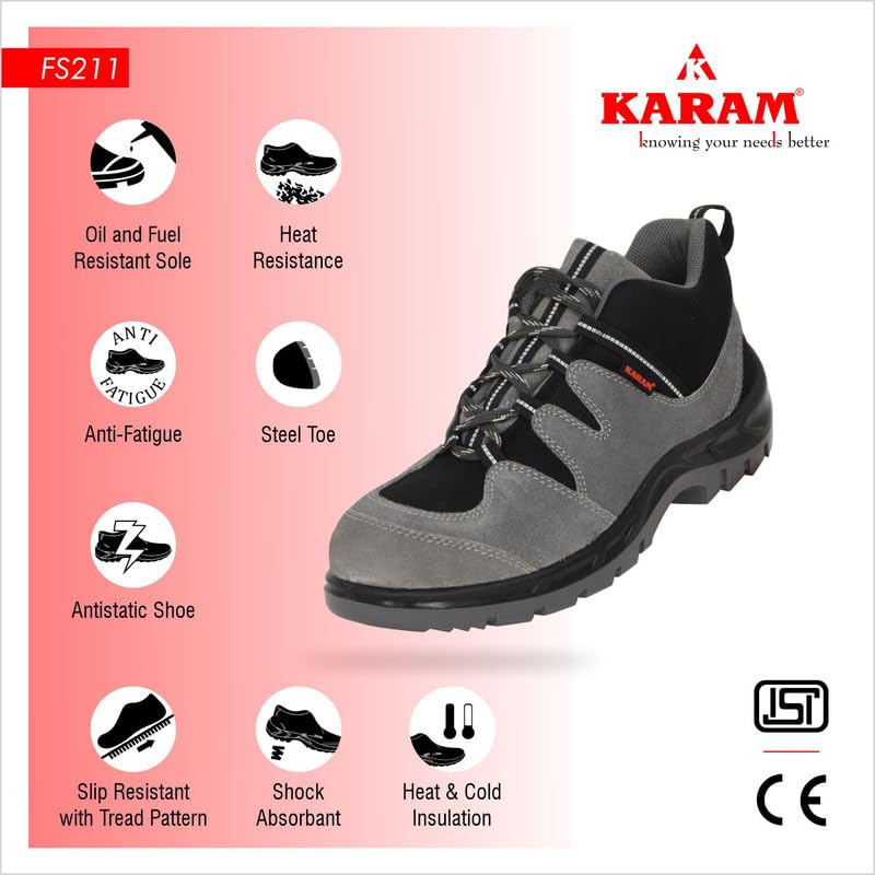 KARAM FS211 Suede Buff Leather Safety Shoes for Men | Double Density | Steel Toe Cap | Antistatic, Antislip & Oil Resistant | Grey | Size-10 - Image 2