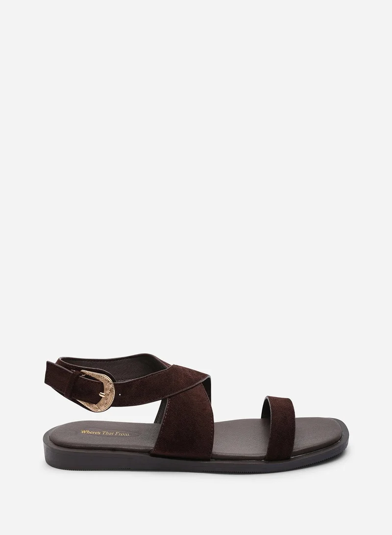من أين هذه Canopy Cross Over Strap Dark Brown Suede Sandal