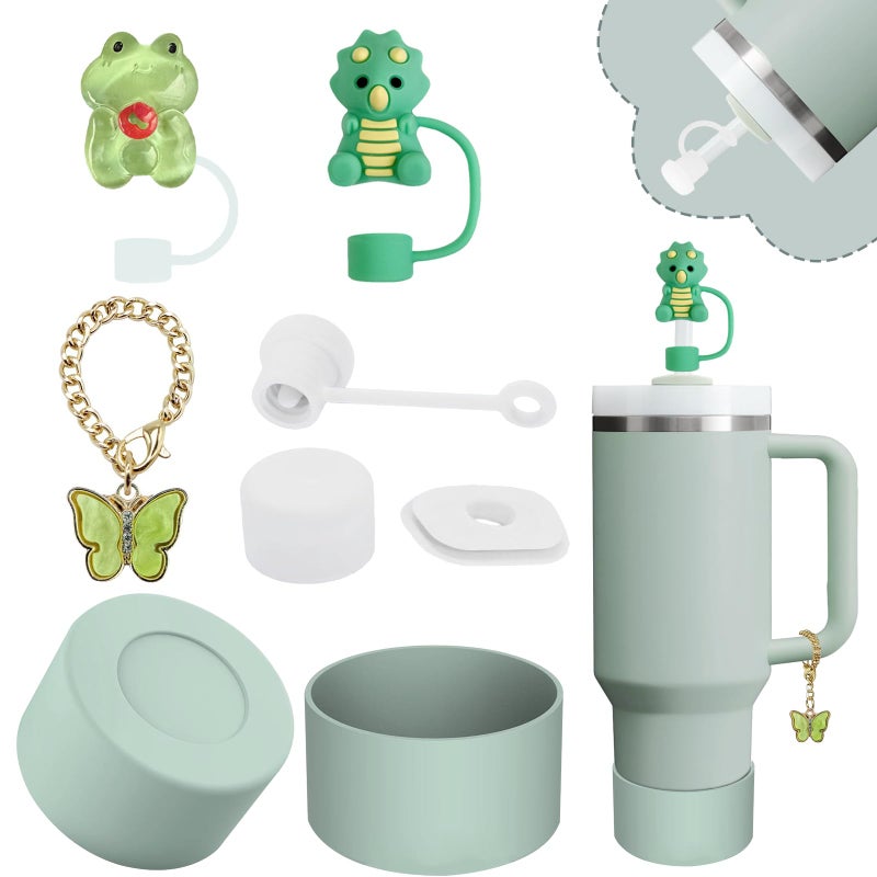 vikgle Stanley Cup Accessories Set,Including 2 Pcs 0.4in Straw Cover, 1 Silicone Spill-Proof Stopper, 1 Cute Handle Charm, 1 Silicone Boot Fits Stanley 40&30 Oz Tumbler (Eucalyptus Green) - Image 1