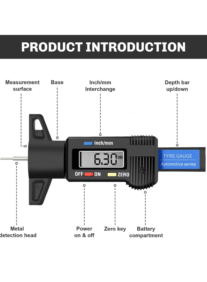 GNAFOTU Tread Depth Gauge, 0-25.4mm/Inch Digital Tire Tread Depth Checker, Portable Tyre Depth Measuring Tool with LCD Display for Cars, Trucks, Motorcycles, Black  - Image 3