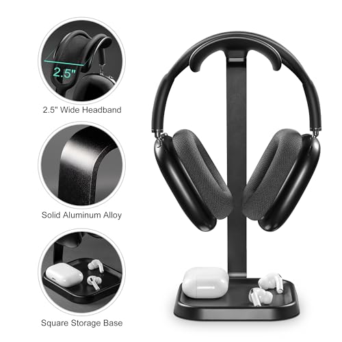 QinCoon Headphone Stand, Curved Headset Stand with Storage Tray, Gaming Headset Holder for AirPods Max, AirPods Max 2, AirPods, AirPods Pro, Beats, Bose, Sony and More (Black) - Image 4