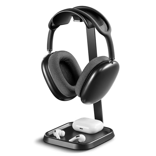 QinCoon Headphone Stand, Curved Headset Stand with Storage Tray, Gaming Headset Holder for AirPods Max, AirPods Max 2, AirPods, AirPods Pro, Beats, Bose, Sony and More (Black) - Image 1