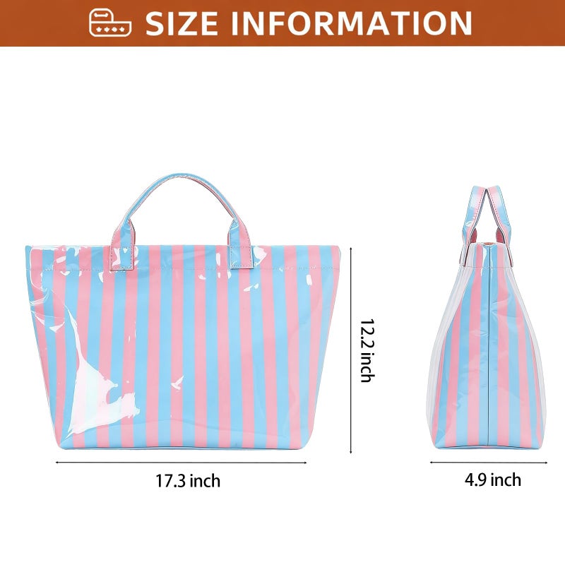 Valentoria Tote Bag for Women Large Striped PVC Tote Bag Plastic Handbag Tote Bag for Work Travel (Pink Blue) - Image 4