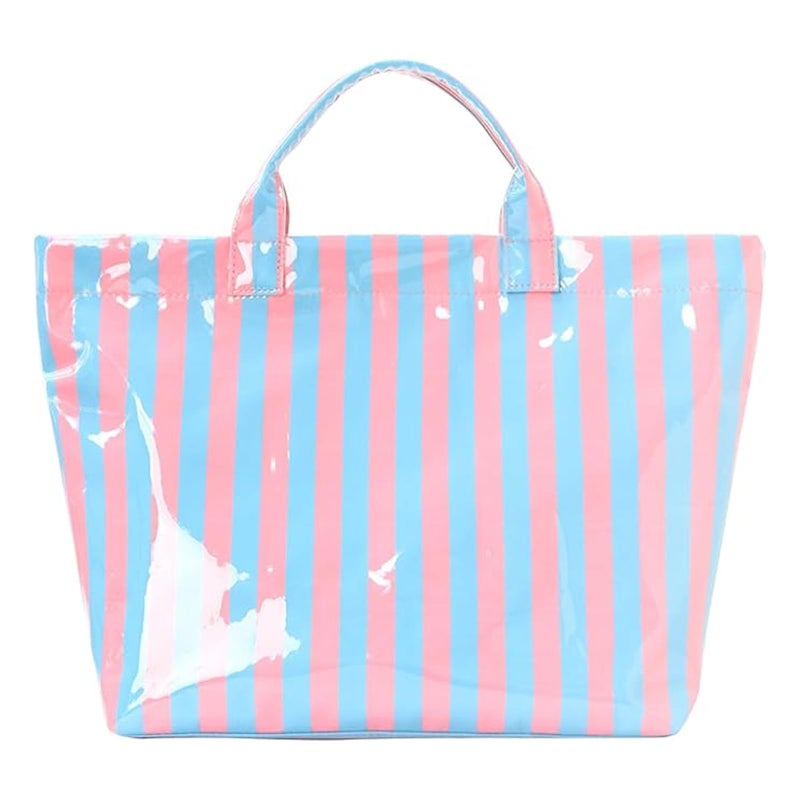 Valentoria Tote Bag for Women Large Striped PVC Tote Bag Plastic Handbag Tote Bag for Work Travel (Pink Blue) - Image 1