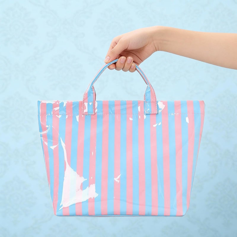 Valentoria Tote Bag for Women Large Striped PVC Tote Bag Plastic Handbag Tote Bag for Work Travel (Pink Blue) - Image 5